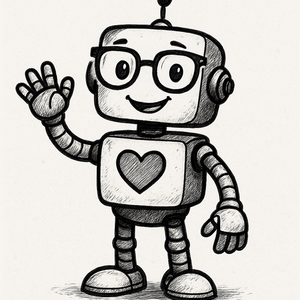 Friendly nerdy robot in black and white