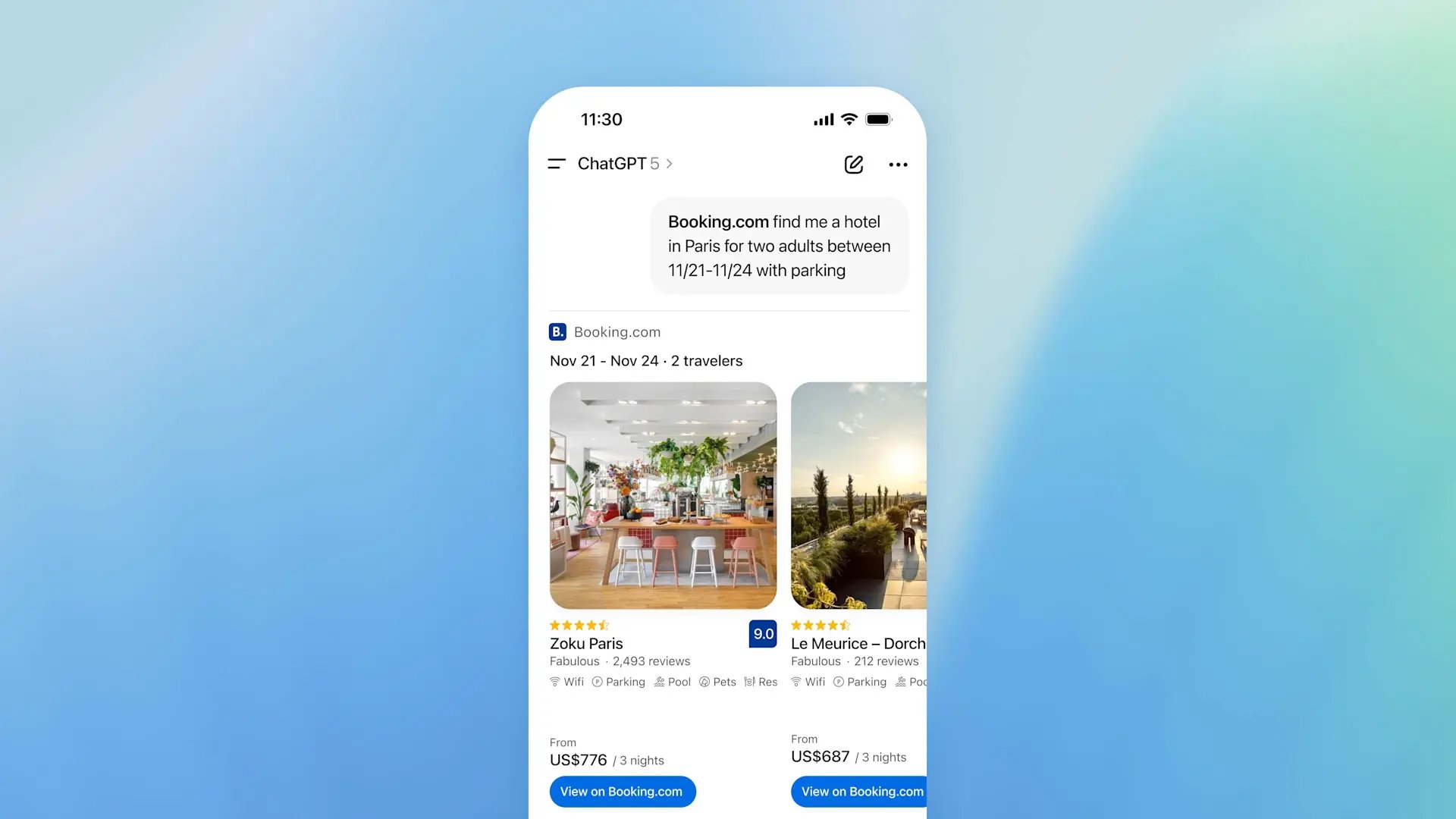 Screenshot of the Booking.com app in ChatGPT
